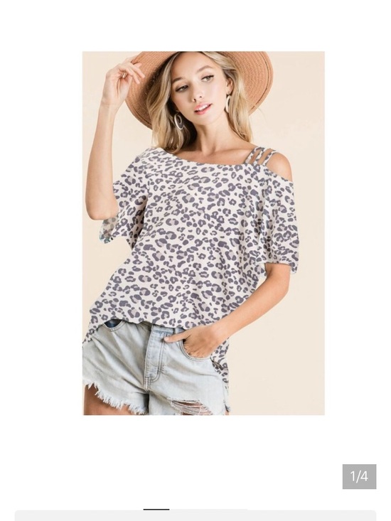 BiBi Tops - BiBi Cold-Shoulder Leopard Print Top in Light Gray and White